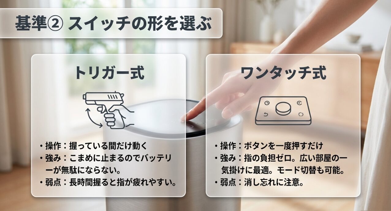 マキタ掃除機のトリガー式とワンタッチ式の操作方法とメリット・デメリット比較