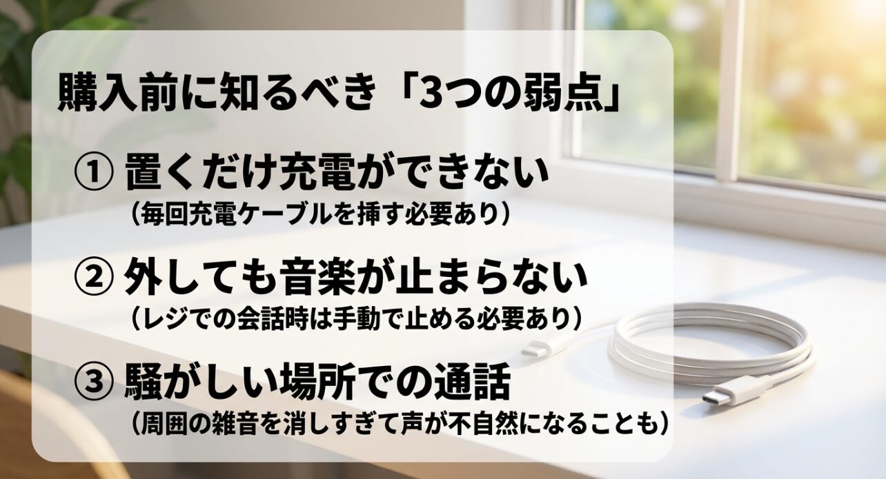 Soundcore p31iを購入前に知るべき3つの弱点。置くだけ充電ができないこと、外しても音楽が止まらないこと、騒がしい場所での通話品質