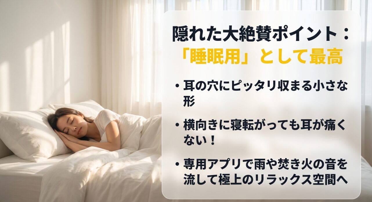 隠れた大絶賛ポイント、睡眠用として最高。耳の穴にピッタリ収まる小さな形で、横向きに寝転がっても耳が痛くない。専用アプリで雨や焚き火の音を流して極上のリラックス空間を作れる
