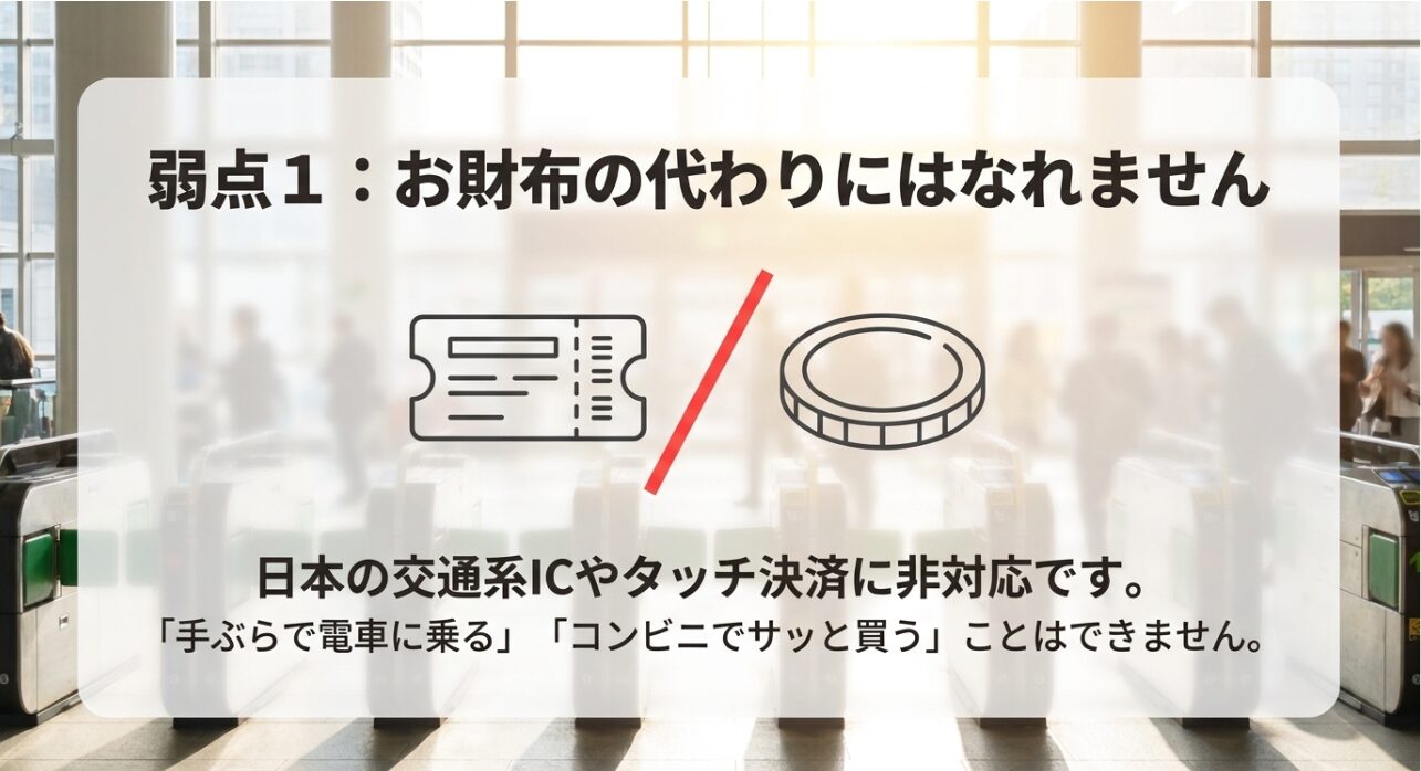 弱点1:お財布の代わりにはなれません。日本の交通系ICやタッチ決済に非対応のため、手ぶらで電車に乗ることやコンビニでの決済はできません。