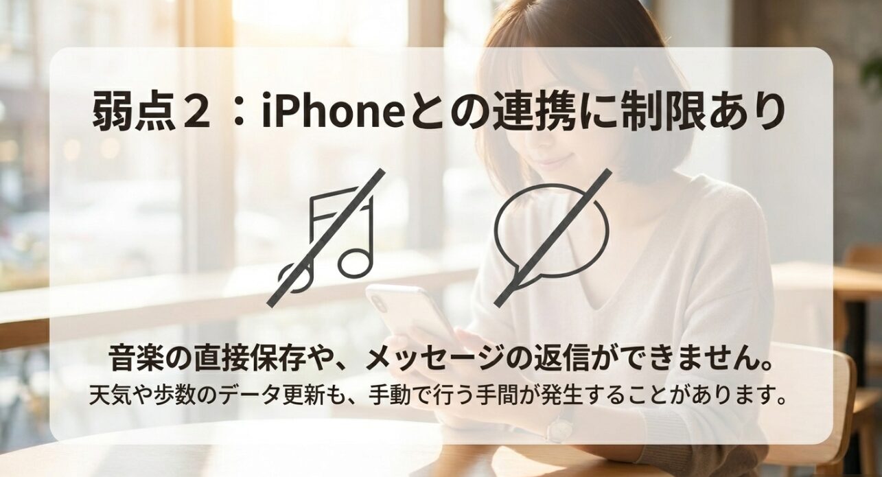 弱点2:iPhoneとの連携に制限あり。音楽の直接保存やメッセージの返信ができず、天気や歩数のデータ更新を手動で行う手間が発生することがあります。