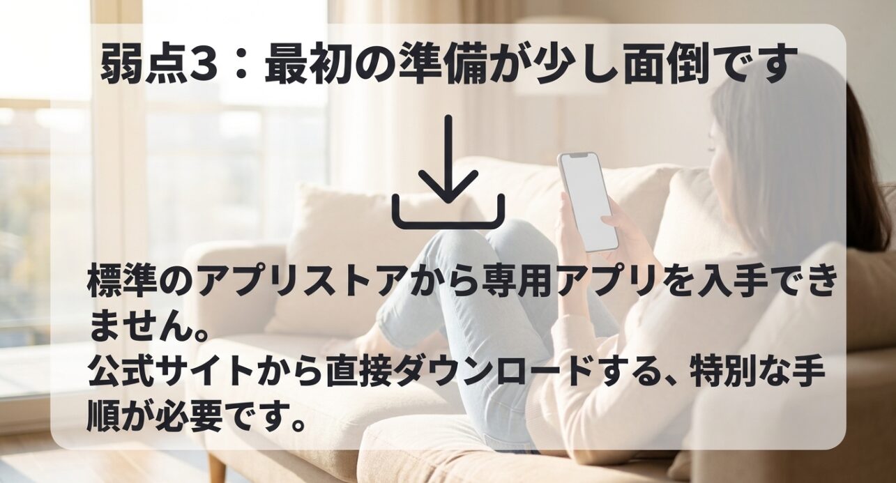 弱点3:最初の準備が少し面倒です。標準のアプリストアから専用アプリを入手できず、公式サイトから直接ダウンロードする特別な手順が必要です。
