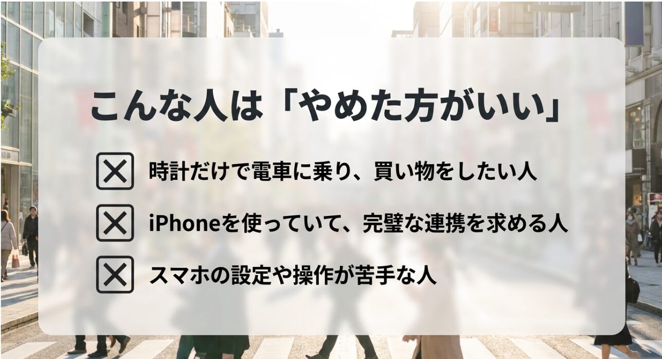 こんな人はやめた方がいい:時計だけで電車に乗り買い物をしたい人、iPhoneを使っていて完璧な連携を求める人、スマホの設定や操作が苦手な人