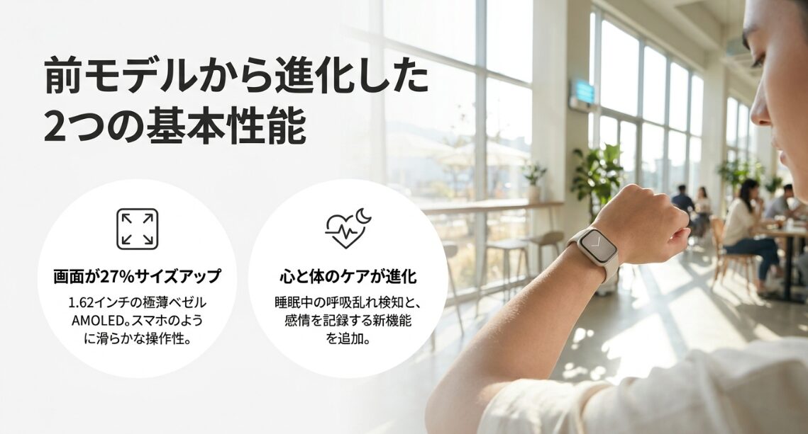 HUAWEI Band 11の前モデルからの進化点。画面が27%サイズアップし、睡眠中の呼吸乱れ検知などの機能が追加