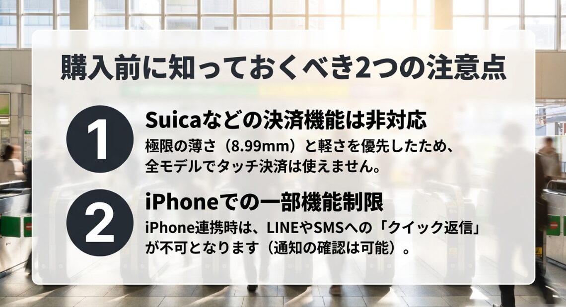 スマートバンド購入の注意点。Suicaなどの決済機能は非対応、iPhone連携時はクイック返信に制限あり