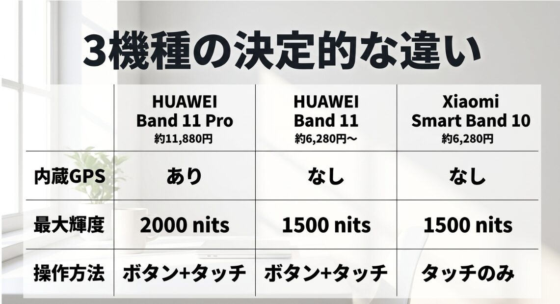 HUAWEI Band 11 Pro、HUAWEI Band 11通常版、Xiaomi Smart Band 10の価格、内蔵GPS、最大輝度、操作方法の比較表