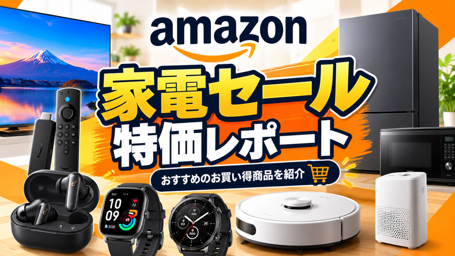 Amazon家電セール・特価情報まとめ。Fire TV、ワイヤレスイヤホン、スマートウォッチ、ロボット掃除機、冷蔵庫などのお買い得商品を紹介