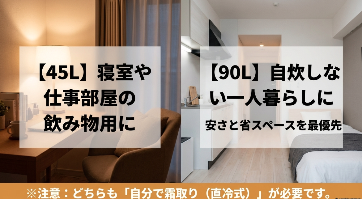 飲み物用の45Lと自炊しない一人暮らし向けの90L。自分で霜取りが必要な直冷式   