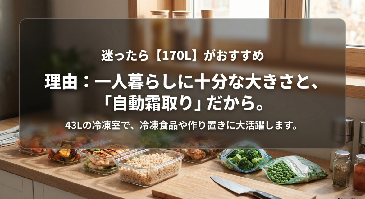 一人暮らしに170Lをおすすめする理由。自動霜取り機能と43Lの冷凍室で作り置きに活躍