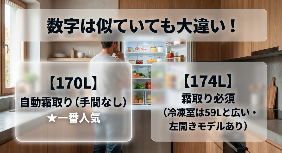 自動霜取りの170Lと、冷凍室が59Lと広いが霜取り必須の174Lの違い