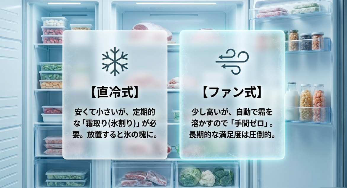 安いが霜取りが必要な直冷式と、自動で霜を溶かして手間ゼロなファン式の比較