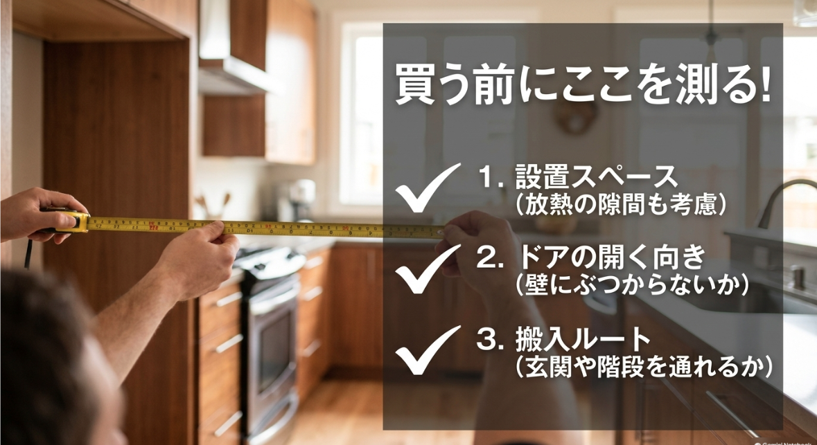 冷蔵庫を買う前に測るべき設置スペース、ドアの開く向き、搬入ルート
