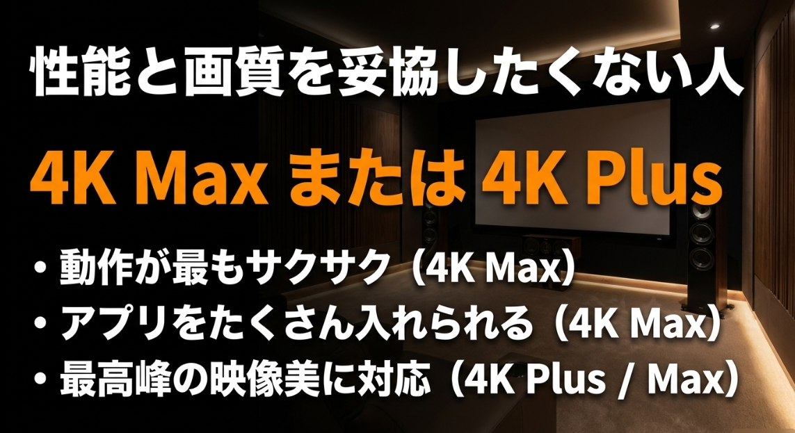 性能と画質を妥協したくない人向けの、動作がサクサクな4K Maxと映像美に対応した4K Plus