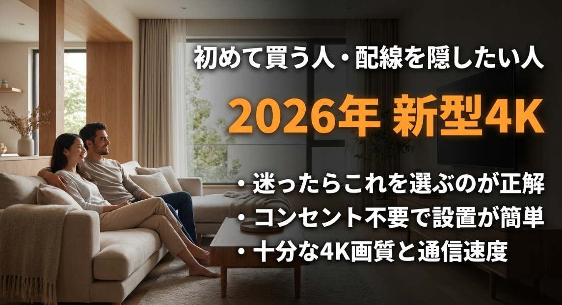 初めて買う人や配線を隠したい人には、コンセント不要で設置が簡単な2026年新型4Kがおすすめ