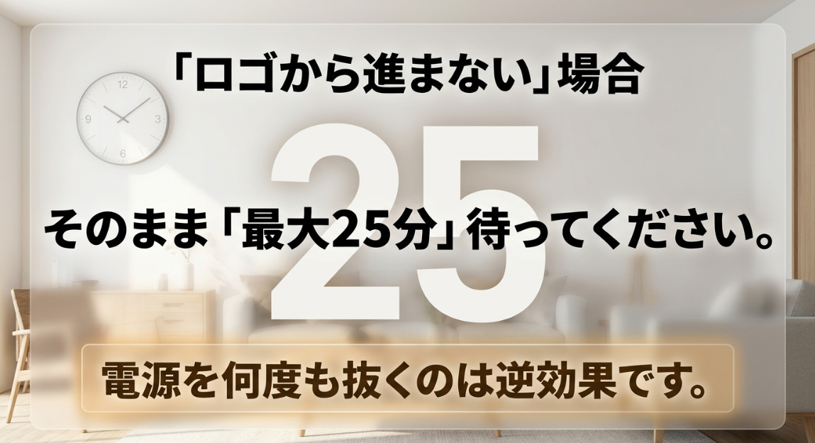 「ロゴから進まない」場合、そのまま「最大25分」待ってください。電源を何度も抜くのは逆効果です。