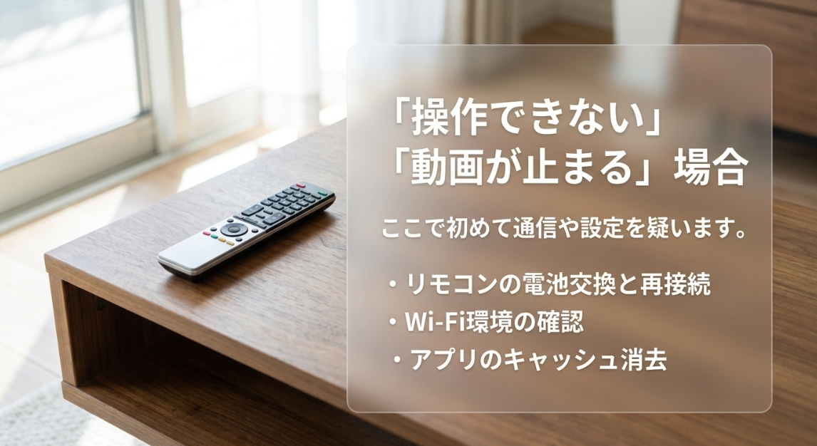 「操作できない」「動画が止まる」場合。ここで初めて通信や設定を疑います。リモコンの電池交換と再接続、Wi-Fi環境の確認、アプリのキャッシュ消去。