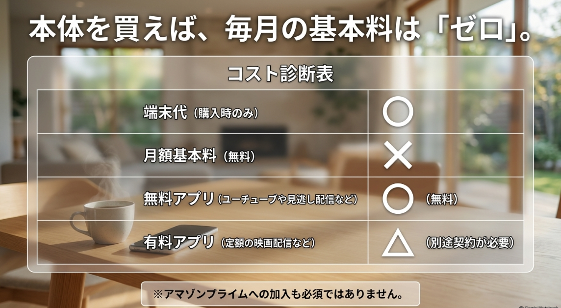 端末代のみで月額基本料は無料となり、アマゾンプライムへの加入も必須ではないことを示すコスト診断表