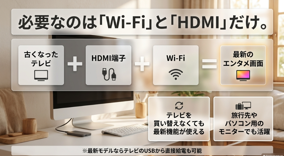 古くなったテレビでもHDMI端子とWi-Fiがあれば最新のエンタメ画面になり、旅行先やモニターでも活躍することを示す図解