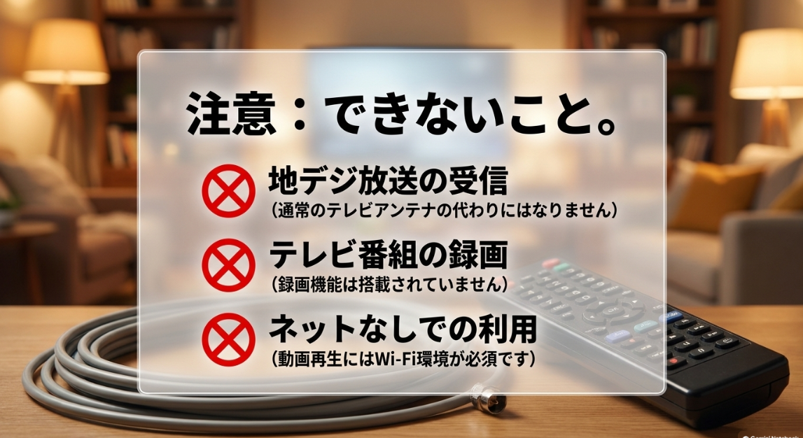 地デジ放送の受信やテレビ番組の録画、ネット環境なしでの利用など、Fire TVではできない注意点をまとめた図