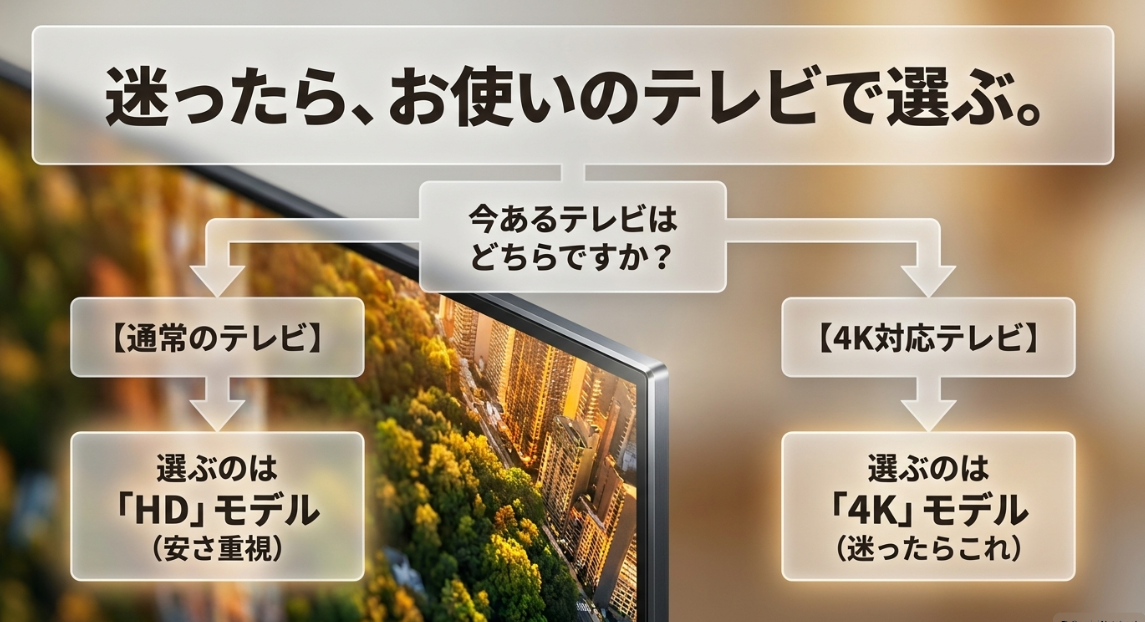 今あるテレビが通常のテレビなら安さ重視のHDモデル、4K対応テレビなら4Kモデルを選ぶという端末の選び方チャート