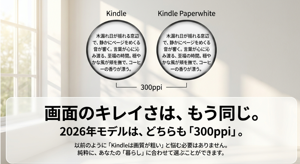 2026年モデルのKindleとKindle Paperwhiteはどちらも解像度300ppiで画面の綺麗さは同じ