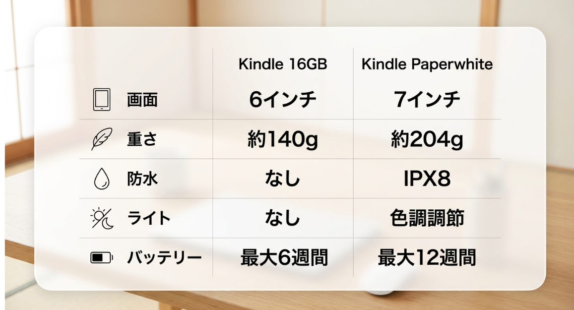 Kindle 16GBとKindle Paperwhiteの画面サイズ、重さ、防水、ライト、バッテリーの違いを比較した一覧表