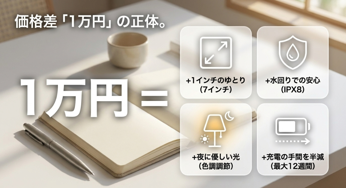 KindleとPaperwhiteの1万円の価格差は、1インチの画面拡大、IPX8防水、色調調節ライト、バッテリー持続時間増加によるもの