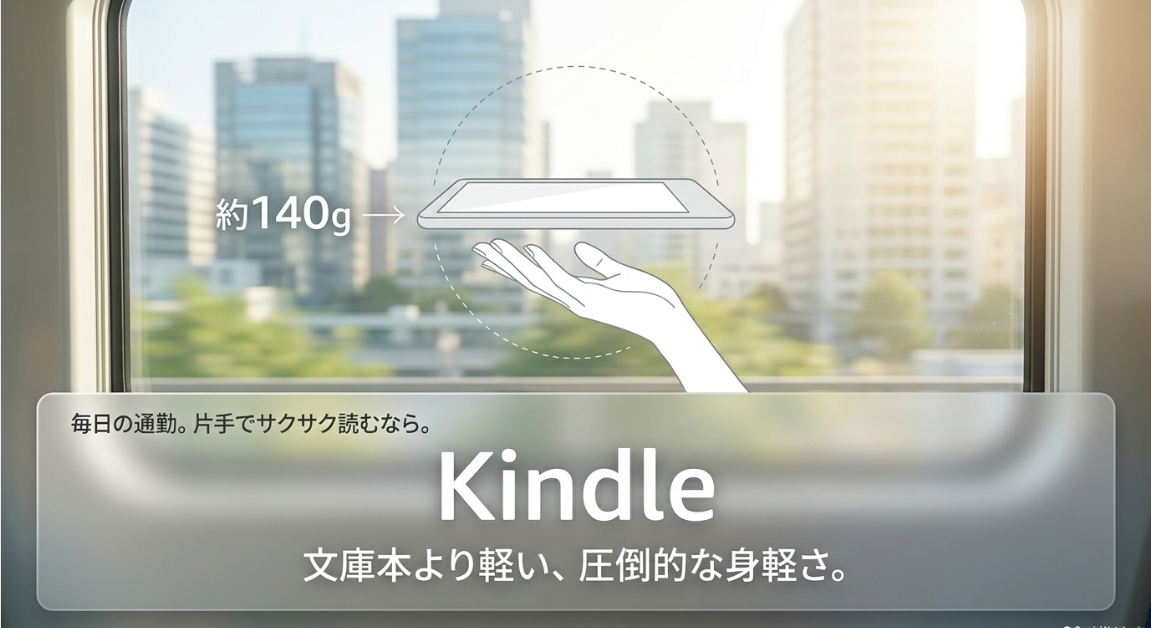 文庫本より軽い約140gのKindleは毎日の通勤で片手で読むのに最適