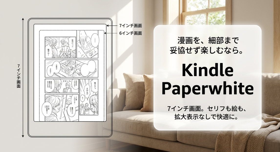 漫画を細部まで妥協せず楽しむなら、セリフも絵も拡大せずに読める7インチ画面のKindle Paperwhiteがおすすめ