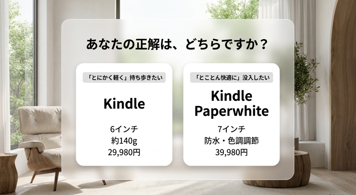 結論として、とにかく軽く持ち歩きたいならKindle、とことん快適に没入したいならKindle Paperwhiteが正解