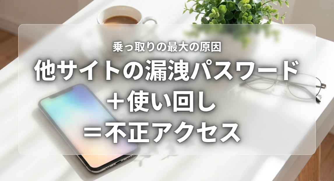 乗っ取りの最大の原因は、他サイトからの漏洩パスワードと使い回しによる不正アクセス