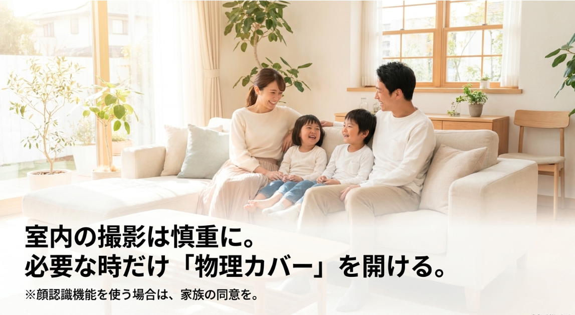 室内撮影は慎重に行い、必要な時だけ物理カバーを開ける。顔認識機能を使う場合は家族の同意を推奨。