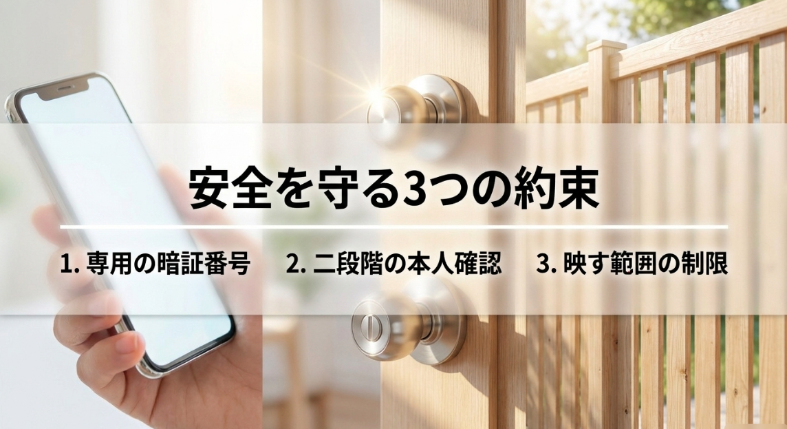 安全を守る3つの約束として、専用の暗証番号、二段階の本人確認、映す範囲の制限を解説