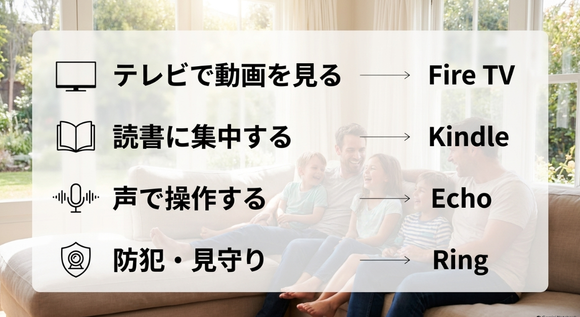 テレビで動画を見るFire TV、読書に集中するKindle、声で操作するEcho、防犯・見守りのRing   