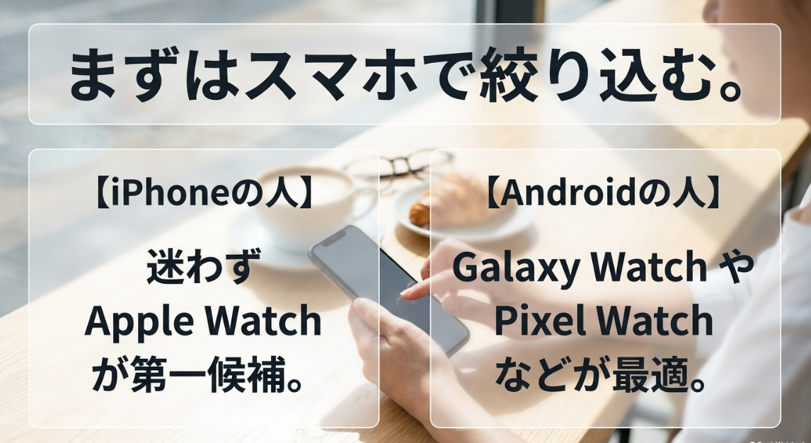 スマホ別スマートウォッチの選び方|iPhoneならApple Watch、AndroidならGalaxy WatchやPixel Watchが最適