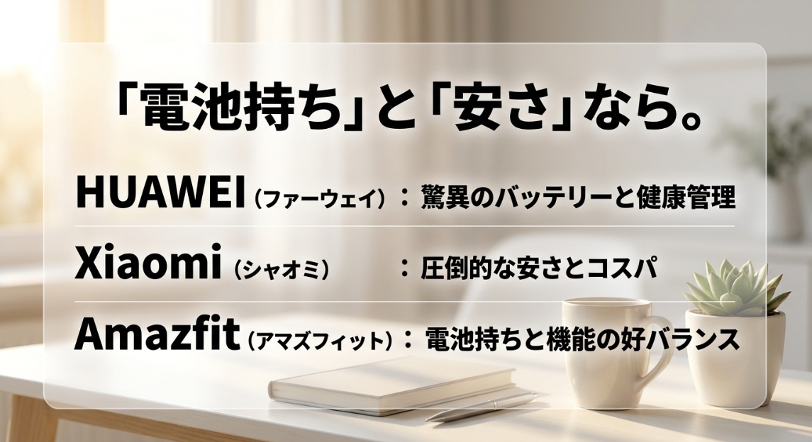 電池持ちと安さで選ぶスマートウォッチ(HUAWEI・Xiaomi・Amazfit)