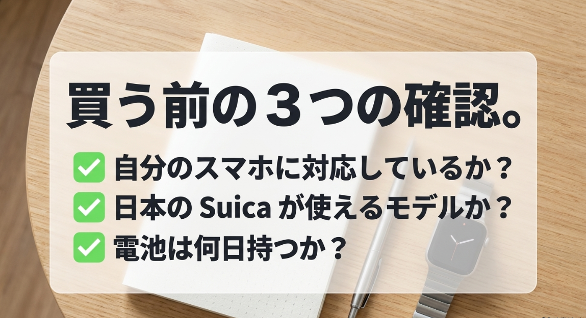 スマートウォッチ購入前の3つの確認事項|スマホ対応・日本のSuica対応・電池持ちの日数