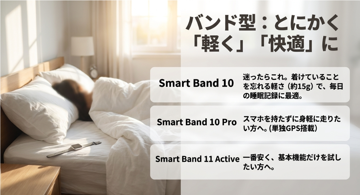 バンド型のXiaomi Smart Band 10、Smart Band 10 Pro、Smart Band 11 Activeの比較と特徴