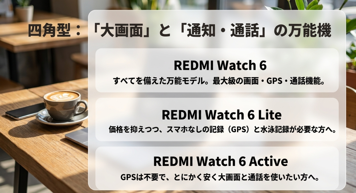 四角型のREDMI Watch 6、REDMI Watch 6 Lite、REDMI Watch 6 Activeの機能と特徴の違い