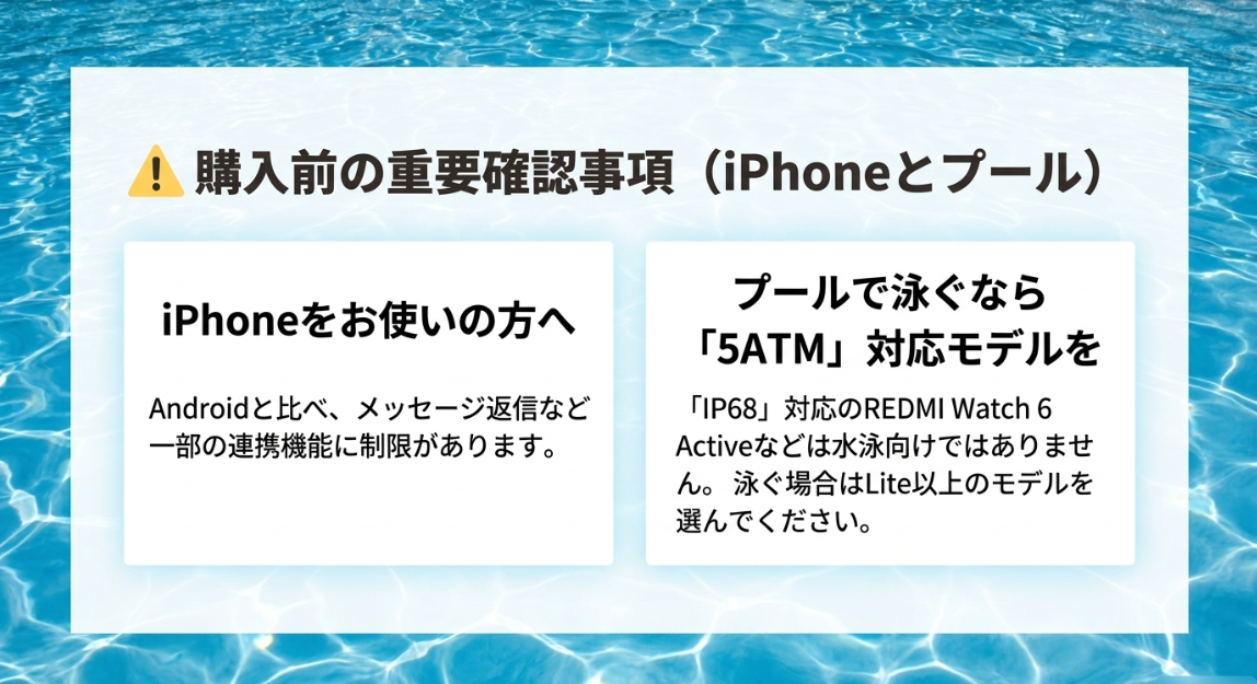 XiaomiスマートウォッチをiPhoneで使う際の制限とプール水泳向けの5ATM防水に関する重要確認事項