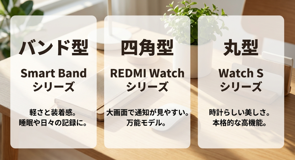 Xiaomiスマートウォッチのバンド型(Smart Band)・四角型(REDMI Watch)・丸型(Watch S)の特徴比較