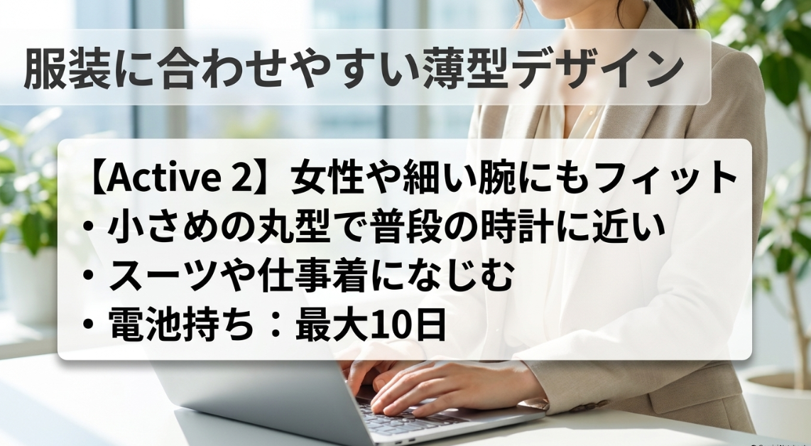 服装に合わせやすい薄型デザインのAmazfit Active 2|女性や細い腕にもフィットする小さめの丸型で、スーツや仕事着になじみ電池持ちは最大10日