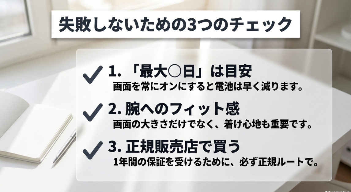 Amazfit選びで失敗しないための3つのチェック|バッテリーの最大日数は目安であること、腕へのフィット感と着け心地、1年間の保証を受けるための正規販売店での購入