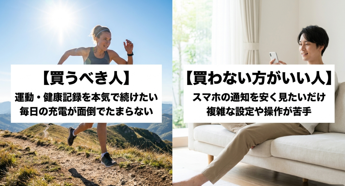 ガーミンのスマートウォッチを買うべき人は運動や健康記録を続けたい人や充電を減らしたい人、買わない方がいい人は通知を安く見たいだけの人や複雑な操作が苦手な人
