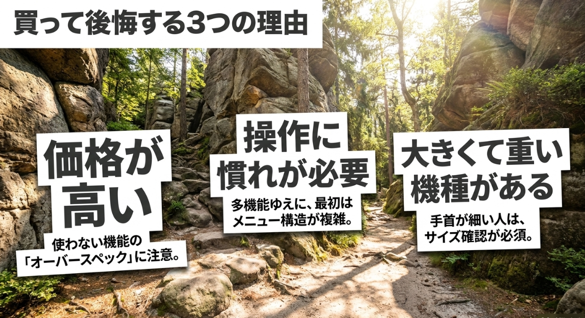 ガーミンを買って後悔する3つの理由として、価格が高くオーバースペックになりやすい点、複雑なメニュー操作に慣れが必要な点、大きくて重い機種がある点をまとめた図解