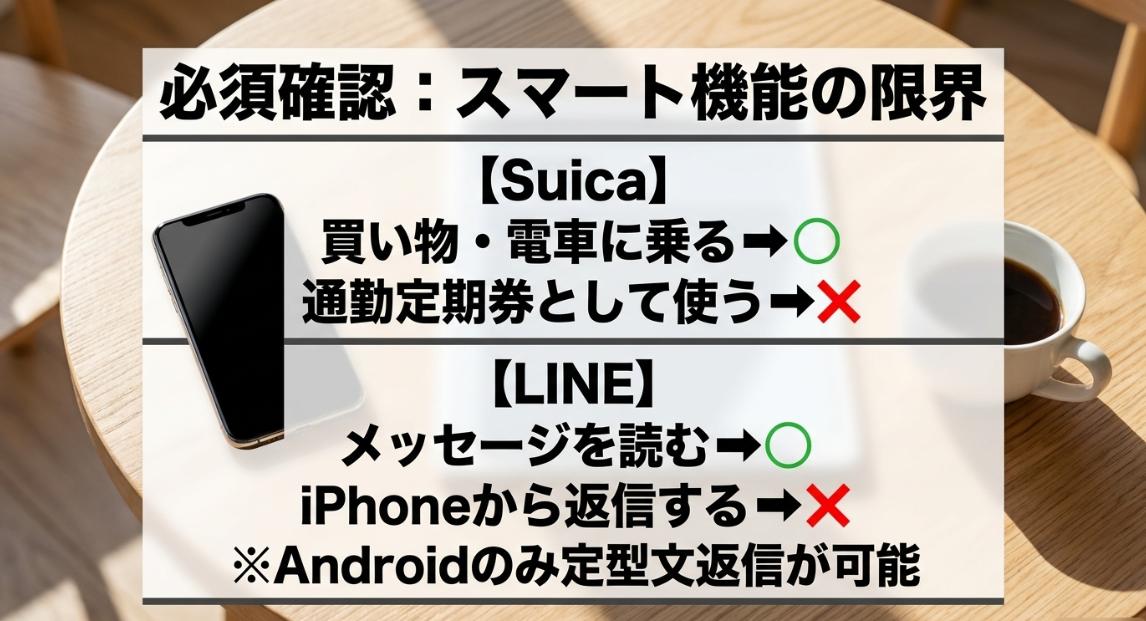 ガーミンのスマート機能の限界として、Suicaは買い物や乗車は可能だが通勤定期券は非対応、LINEは閲覧可能だがiPhoneからの返信は非対応でAndroidのみ定型文返信が可能であることを示す図解