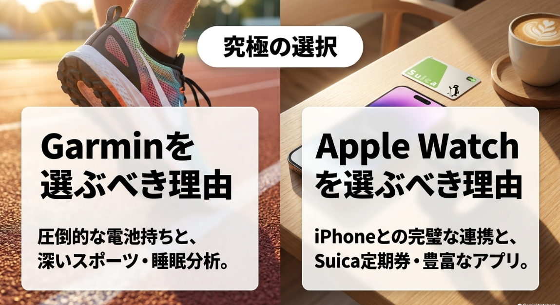 Garminを選ぶべき理由は圧倒的な電池持ちと深いスポーツ・睡眠分析、Apple Watchを選ぶべき理由はiPhoneとの連携とSuica定期券や豊富なアプリであることを比較した図解
