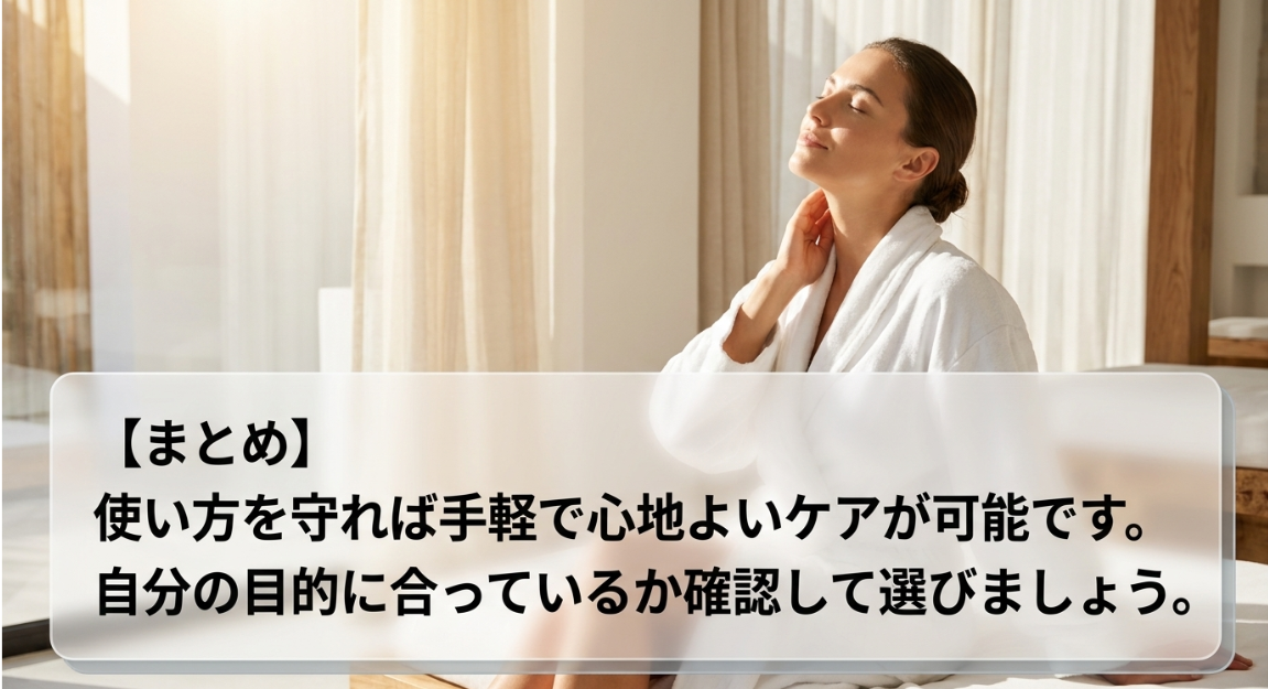 使い方を守ればNECK RELAX 1Sで手軽で心地よいケアが可能であり、自分の目的に合っているか確認して選ぶことを促すまとめスライド