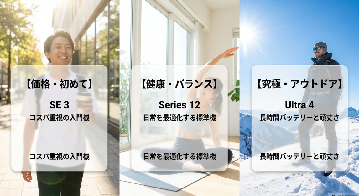Apple Watchの選び方3本柱。価格・初めてのSE 3(コスパ重視の入門機)、健康・バランスのSeries 12(日常を最適化する標準機)、究極・アウトドアのUltra 4(長時間バッテリーと頑丈さ)の比較図