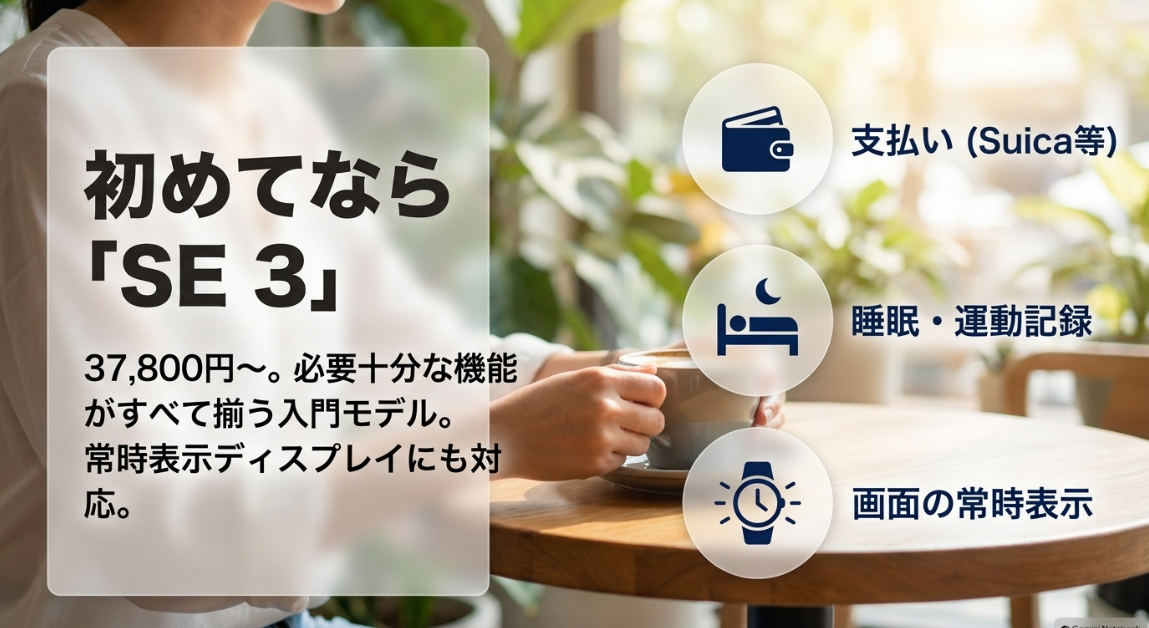 初めてならApple Watch SE 3。37,800円から買える必要十分な機能が揃う入門モデルで、Suica等の支払い、睡眠・運動記録、画面の常時表示に対応
